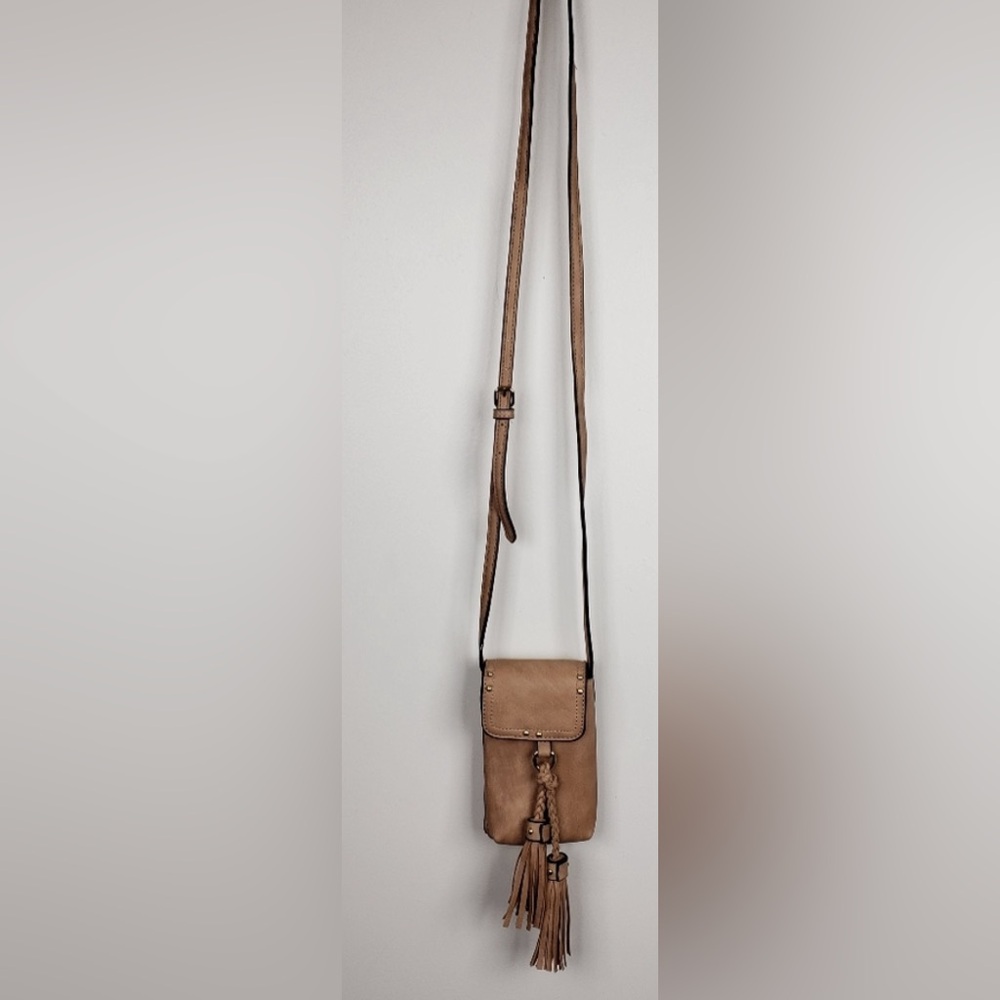 Tan Mini Crossbody Faux Leather Phone Holder With Tassel & Adjustable Strap